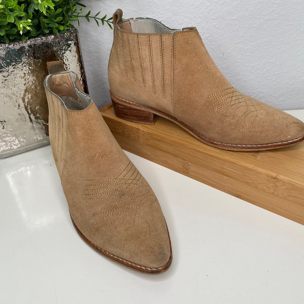 KAANAS Ankle Boots Womens Tan‎ Suede Western Pointed Toe Boho Booties 37EU 7US
